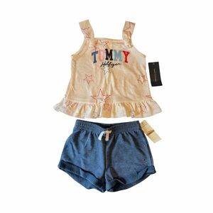 NWT Tommy Hilfiger Cream Ruffle Tank with Navy Shorts Set For Toddler Girl- 3T
